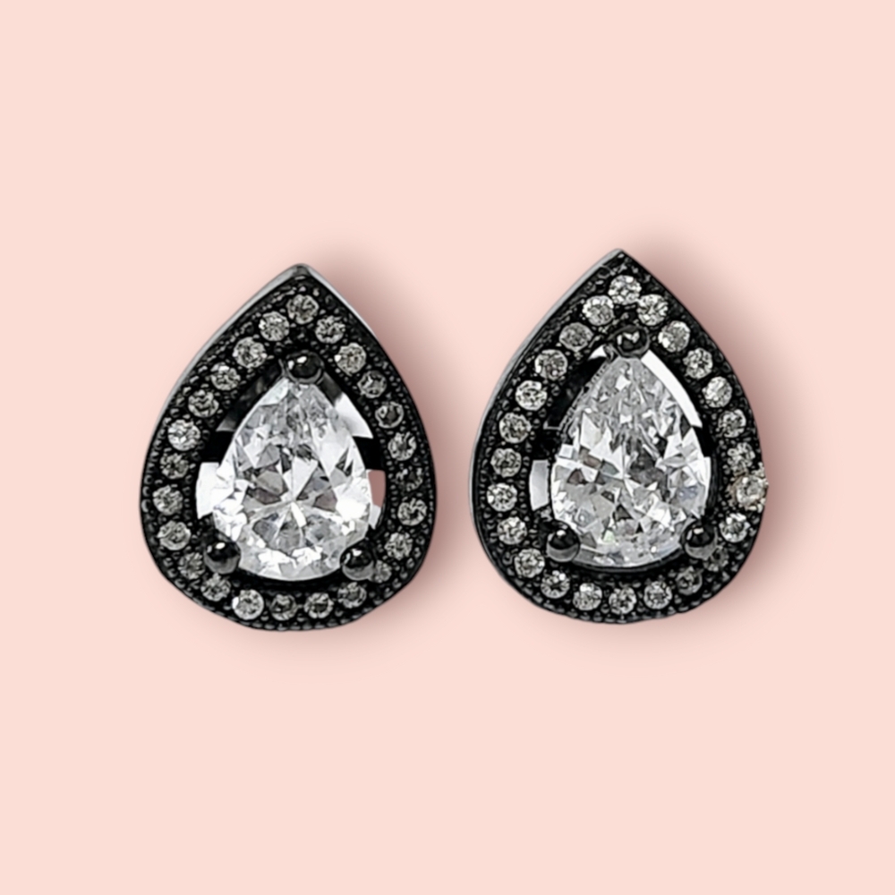 Halo Pear Silver Stud Earrings